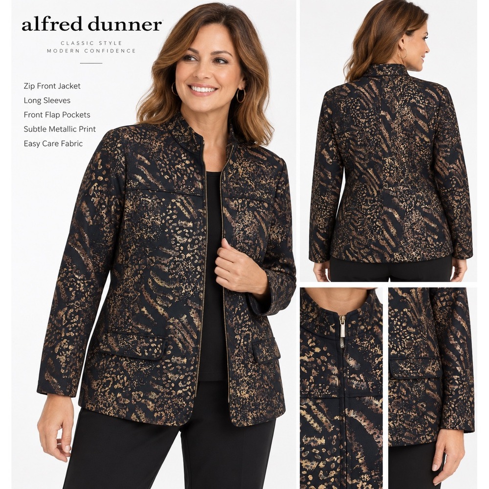 Alfred Dunner Womens Black Bronze Metallic Animal Print Zip Front Jacket Size 10